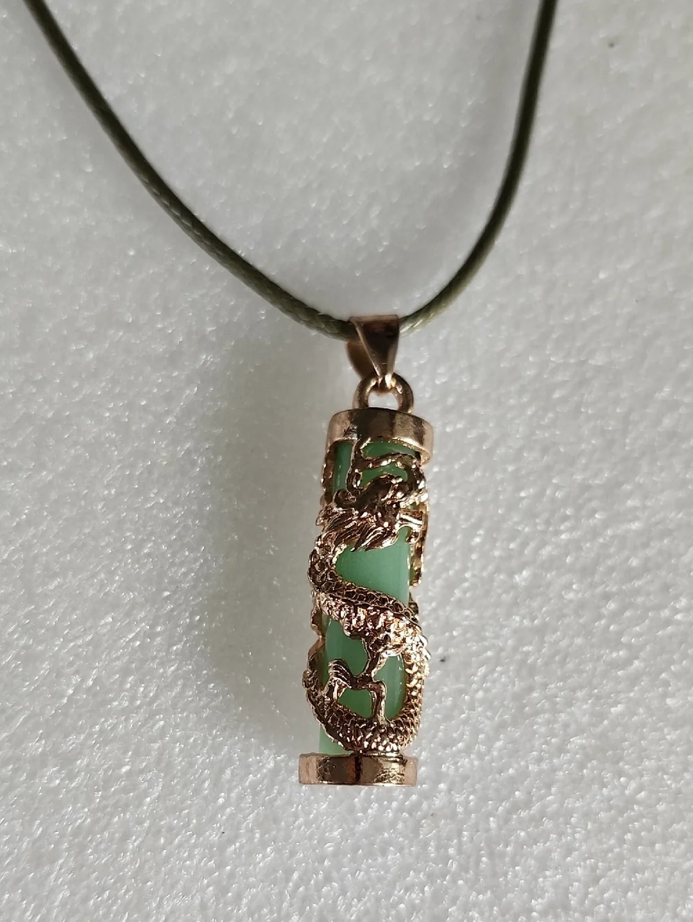 Hand Crafted Gold Dragon Pendant Necklace with Green Stone